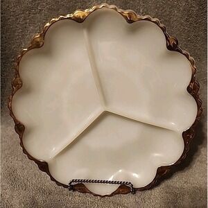 Fire King Anchor Hocking Milk Glass Divided Relish Plate w/Gold Trim Anniversary